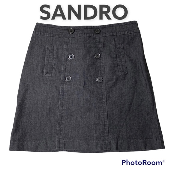 Sandro Grey/Blue Light Weight Denim Sailor Style Pockets Zipper A-Line Skirt 12P - Picture 1 of 8
